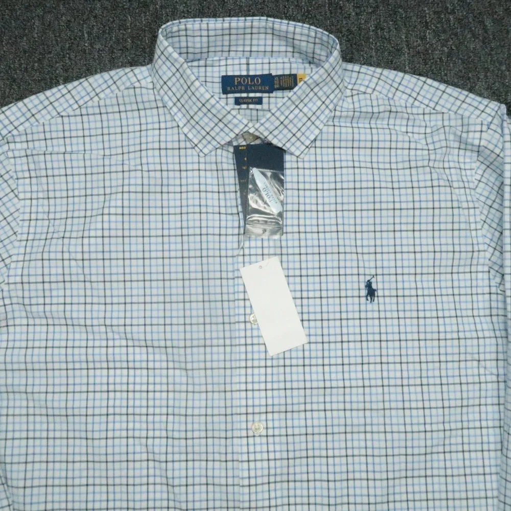 Polo Ralph Lauren Shirt Men XL White Blue Plaid Classic Stretch‎ Button Up NWT